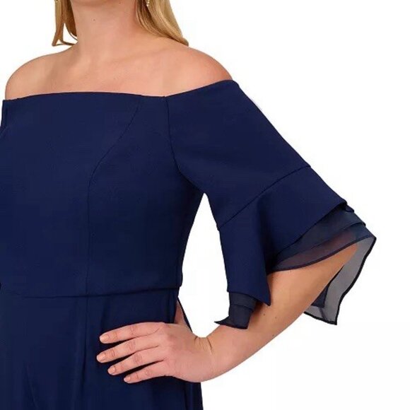 New Adrianna Papell Size 16 W Navy Off-Shoulder Organza-Sleeve Cocktail Jumpsuit - Picture 4 of 14